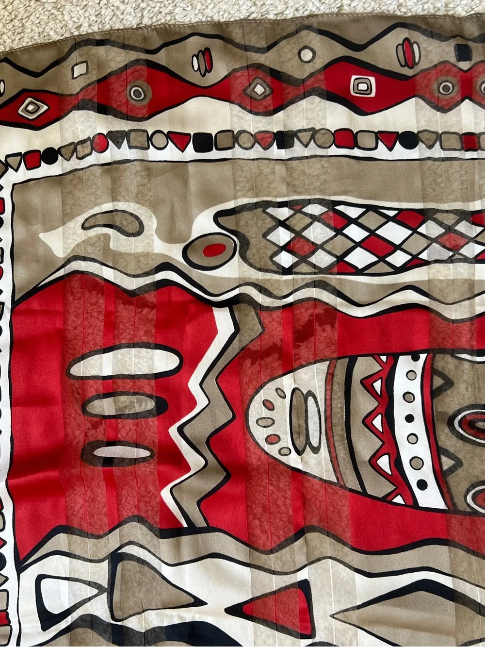 VTG Made in Italy Geometric Tribal Graphic Scarf Abstract Sheer Red Taupe 33